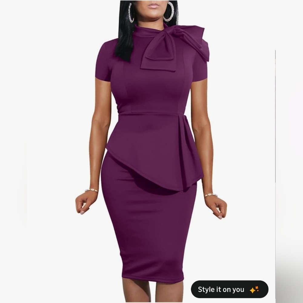 Elegant Purple Bow Peplum Midi Pencil Dress